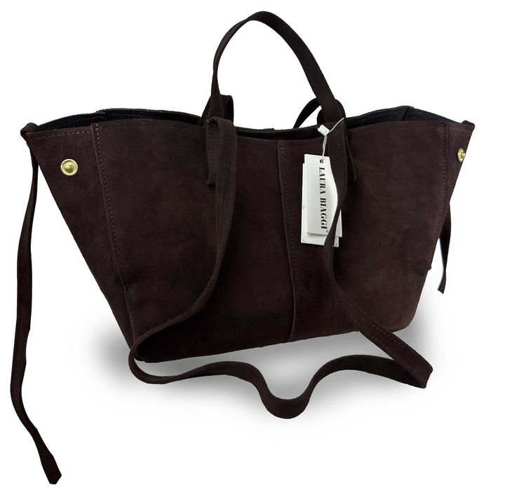 Piękny shopper zamszowy 100% skóra naturalna + wyjmowana kosmetyczka