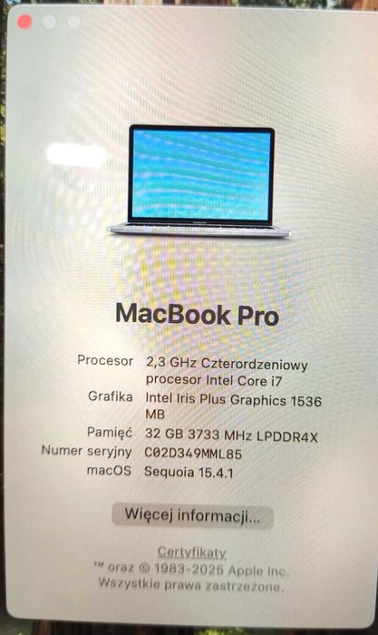 Laptop APPLE MacBook PRO 13,3" 2020r. Core i7 10 gen. 32GB 512GB FV23