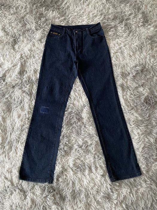 Granatowe proste jeansy wysoki stan S 36 M 38 basic łatka z naszyciem