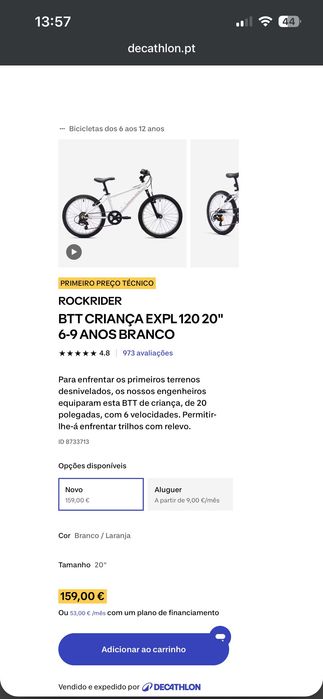 Bicicleta criança 20’ dos 6-9 anos
