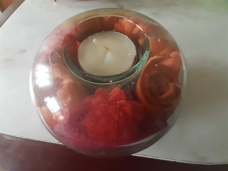 Vintage tealight glass candle with dried flowers inside, never used