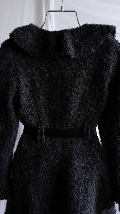 Płaszcz Włoski Damski Grafitowy M 38 Falbany Pasek z Wełną Donna