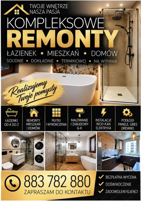 Kompleksowe remonty mieszkań łazienek lokali itp.