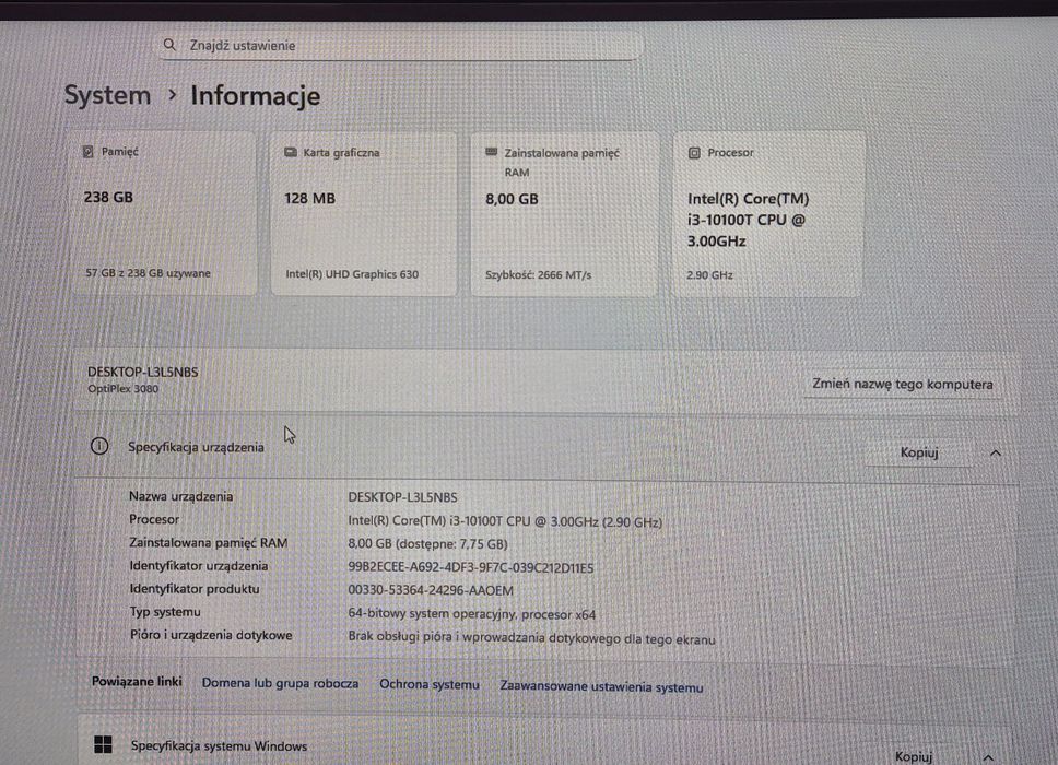 Komputer Dell Optiplex 3080 Micro i3-10100T 8GB 256SSD Windows 11