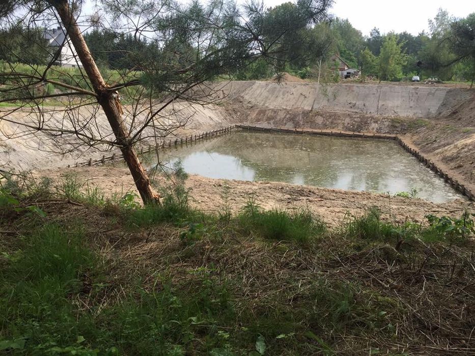 Kopanie stawu, koparka Long, długie ramie, roboty ziemne, staw, wykopy