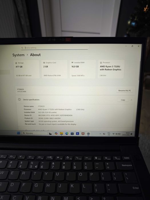 Lenovo V14 G4 Ryzen 5 7520U / 16 GB RAM / 512 GB / W11 / Gwarancja 2l