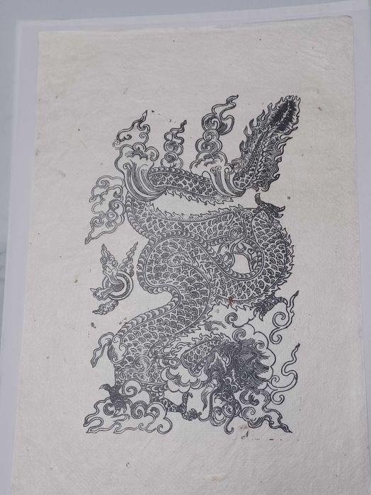 Stary drzeworyt smok tybetański nepal grafika buddyjski
