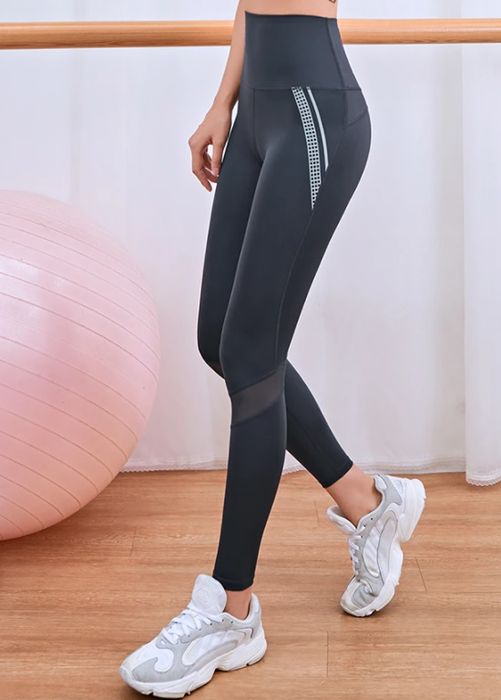 Legginsy sportowe damskie ciemnoszare siateczka wysoki stan trening