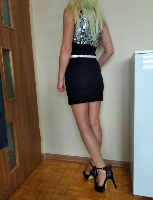 CUDEŃKO sukienka tunika czarna mini srebrne cekiny S M L