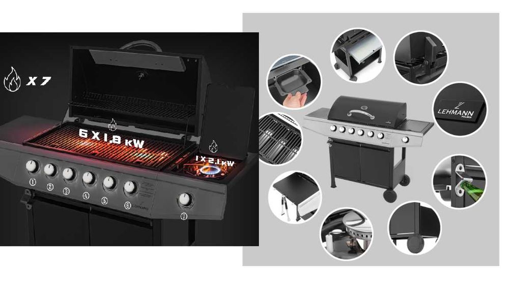 Grill gazowy ogrodowy żeliwny Lehmann Vegas ruszt 6+1 srebrny