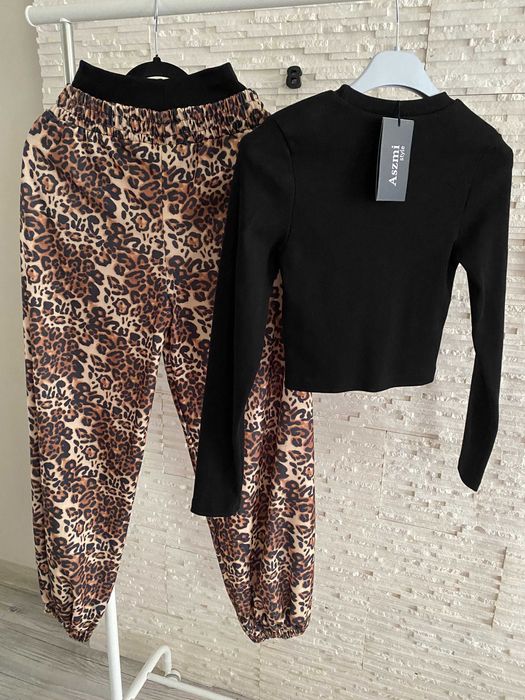 Aszmi Style nowy dres set spodnie wysoki stan top prążek cętki