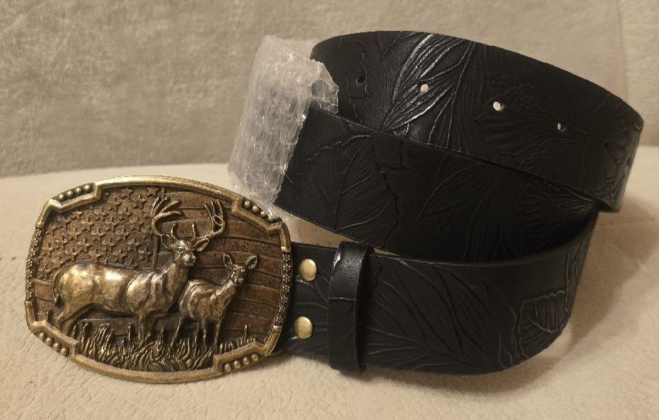 Skórzany pasek myśliwski dla Leśnika JELENIE BYKI 120cm. Czarny. Nowy.