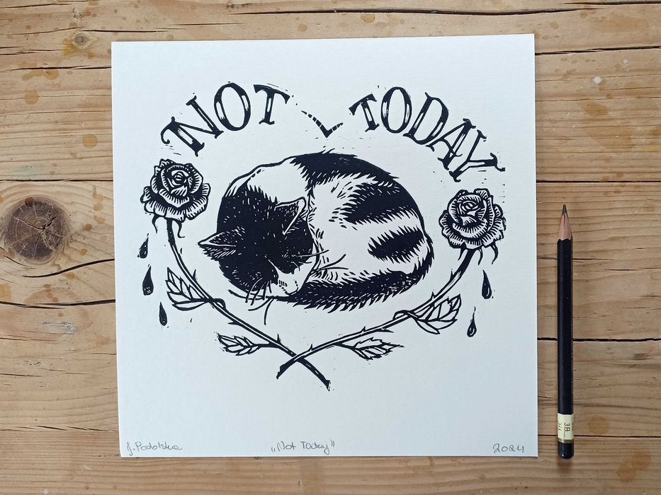 Linoryt, czarno biały kot "Not Today", grafika 21 x 21 cm
