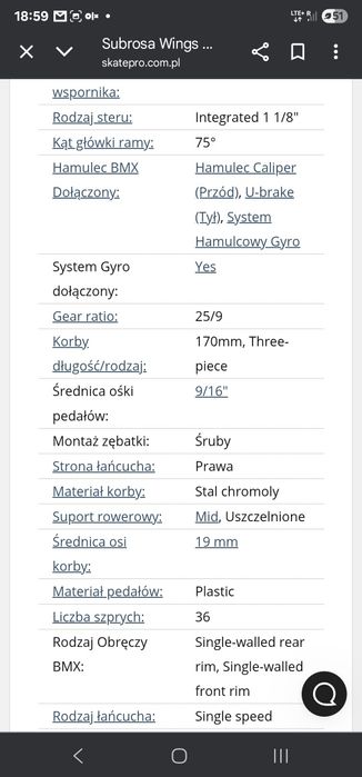 ROWER BMX SUBROSA model Wings Park 20" (z systemem gyro) + PEGI