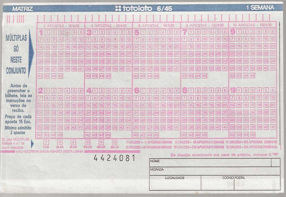 Boletim do Totoloto Matriz 6/45