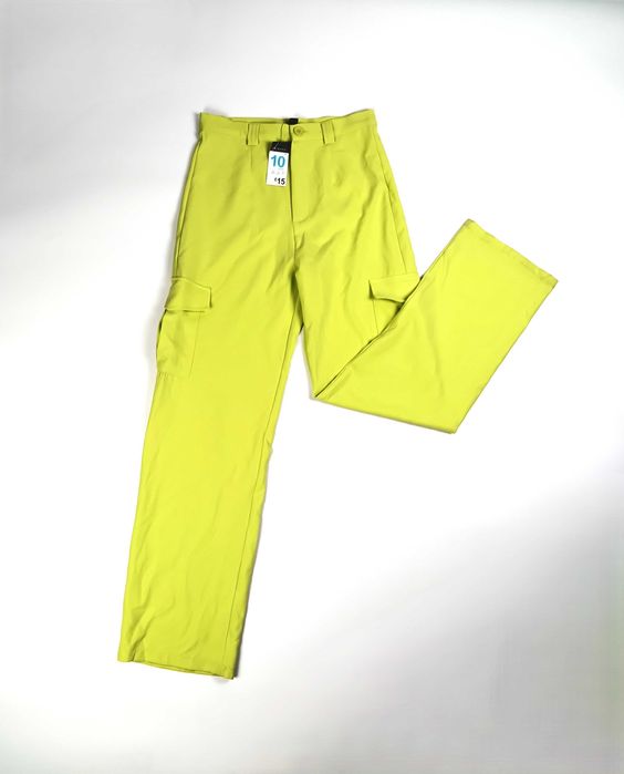 Nowe cienkie limonkowe spodnie damskie cargo wysoki stan Primark M/38