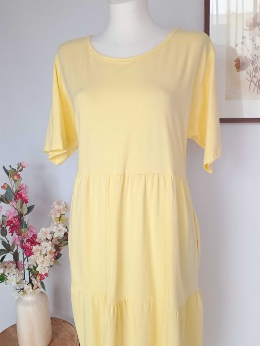 Żółta masłekowa sukienka bawełniana midi plus size 46 48 50 boho maternity kieszenie