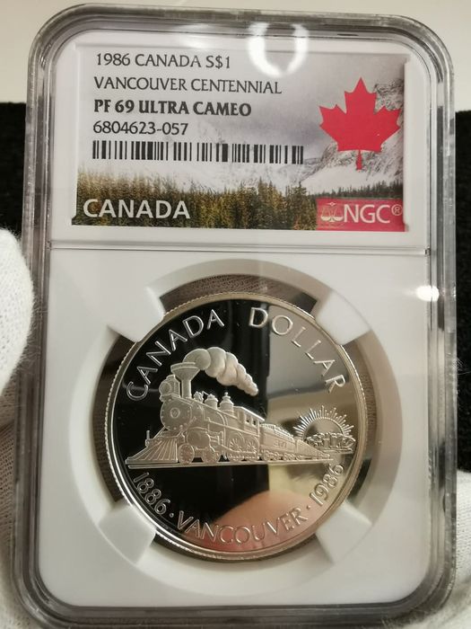 Канада 1 долар 1986р. 100-та річниця м. Ванкувер. СРІБЛО.СЛАБ.NGS PF69