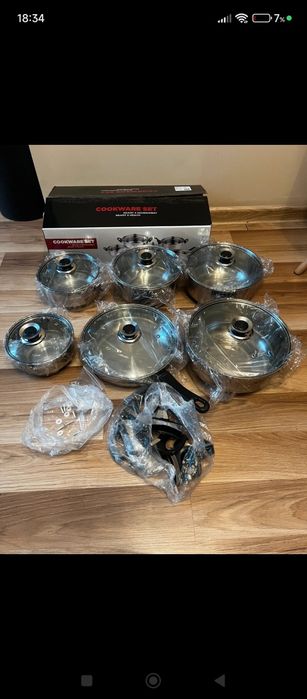 Zestaw garnków 5szt patelnia i 6 pokrywek
