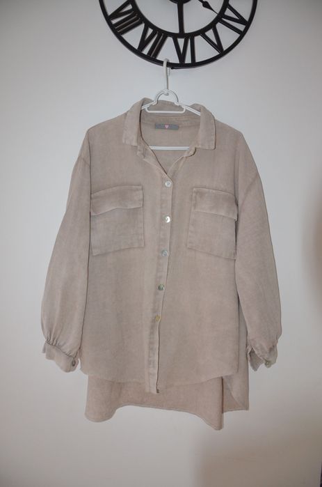 super koszula z dodatkiem lnu len 46/48 perłowe guziki