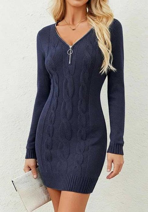 Sukienka dzianinowa damska mini V-neck dopasowana M