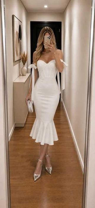 Biala midi bandażowa rybka ślubna poprawiny bridal Rare London