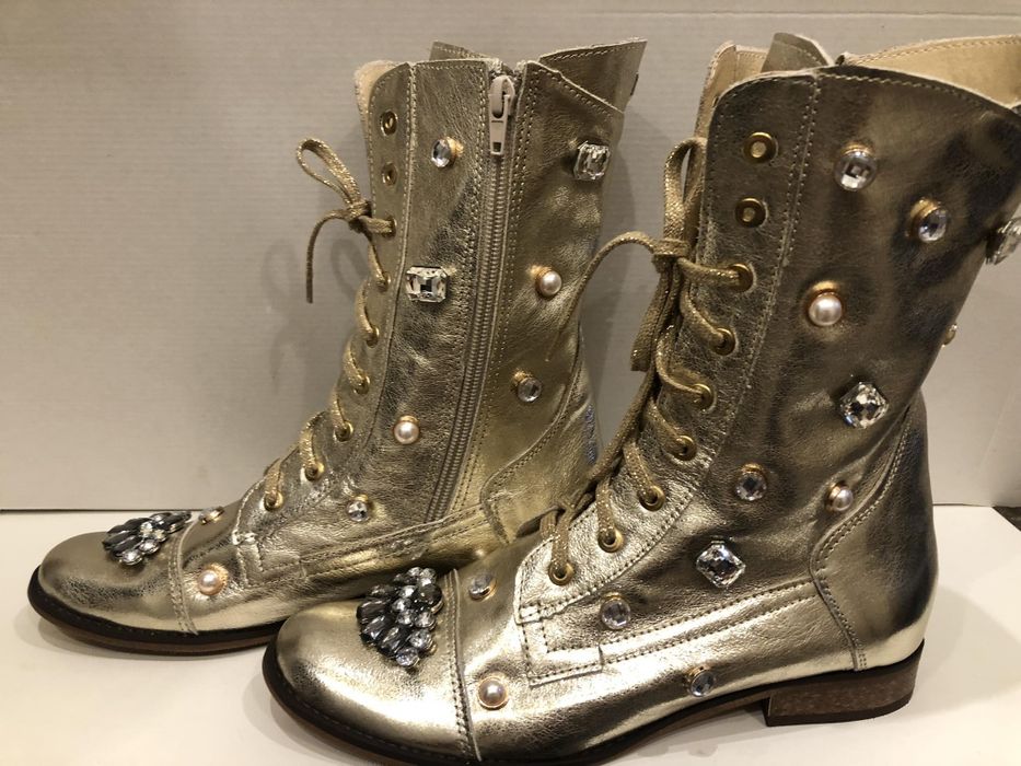 Eleganckie botki złote naturalna skóra ozdoby