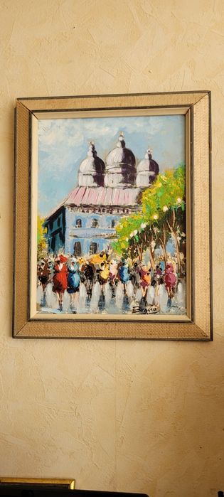 Obraz olejny – scena uliczna, weduta, sygnowany