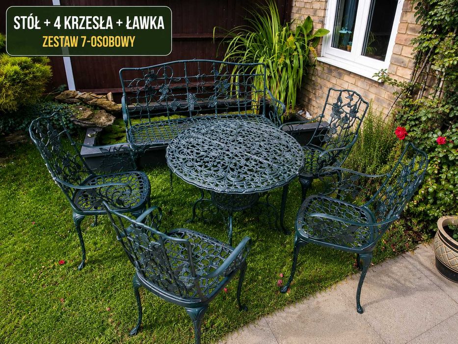 Aluminiowy Zestaw Ogrodowy z Ławką – 4 Krzesła i Stół 90 cm -Wysyłka pobraniowa