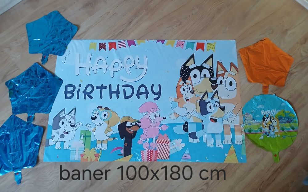 Plakat urodzinowy bluey duży i 5 nowych balonów