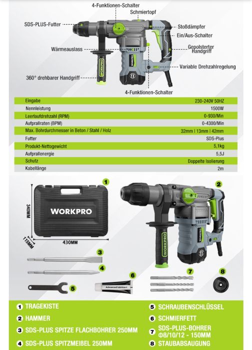 Młot udarowo-obrotowy WORKPRO 4 w 1, młot elektryczny 1500 W,