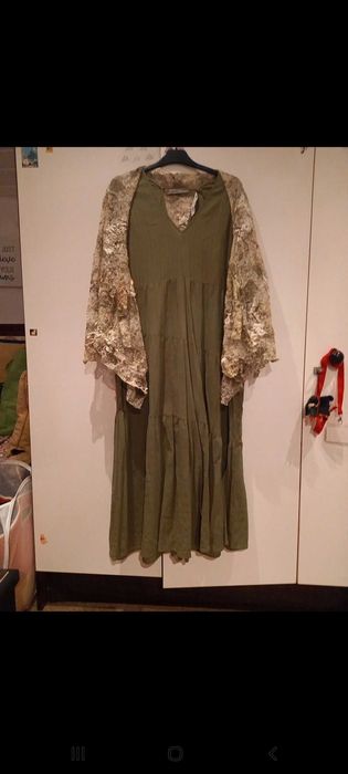 Vestido comprido verde/caqui + casaco original - S - Zara