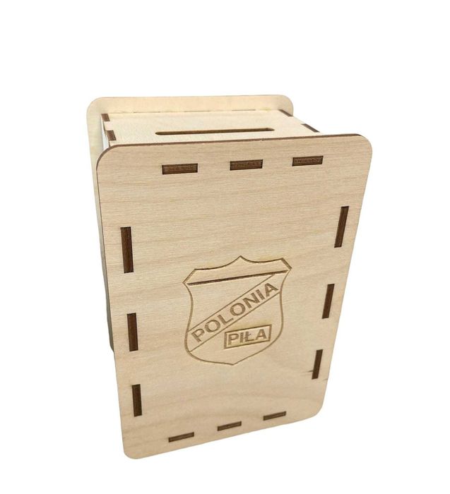 Skarbonka z herbem klubu żużlowego Polonii Piła drewniana
