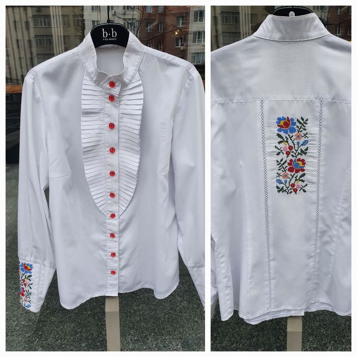 Вышиванка красивая, машинная и ручная вышивка р S M L 46 деловой стиль