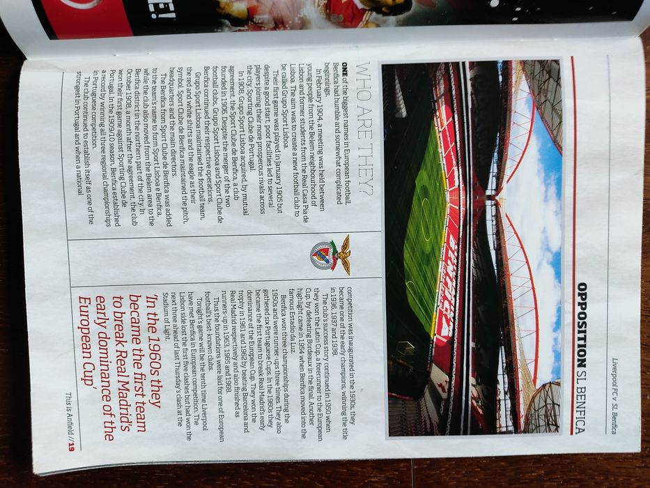 Programa de jogo Liverpool Benfica 2009/10 Champions league