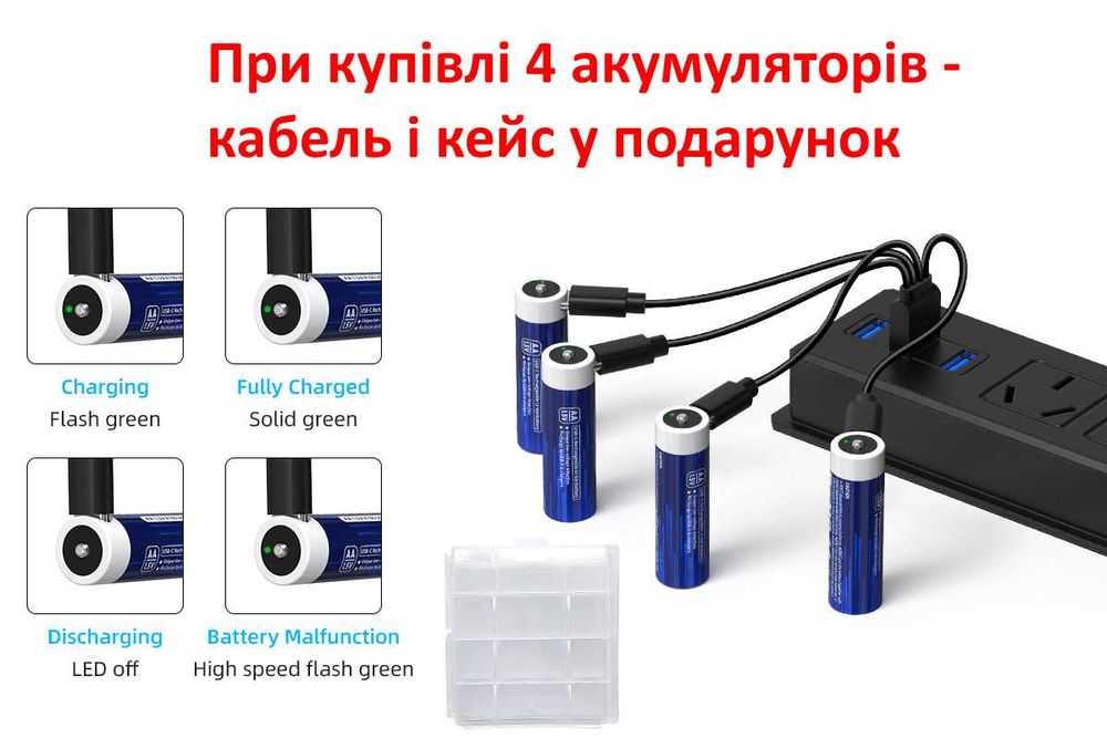 Акумулятор XTAR 1.5V AA USB-C Гарантія 2450mAh + кабель зарядки і кейс