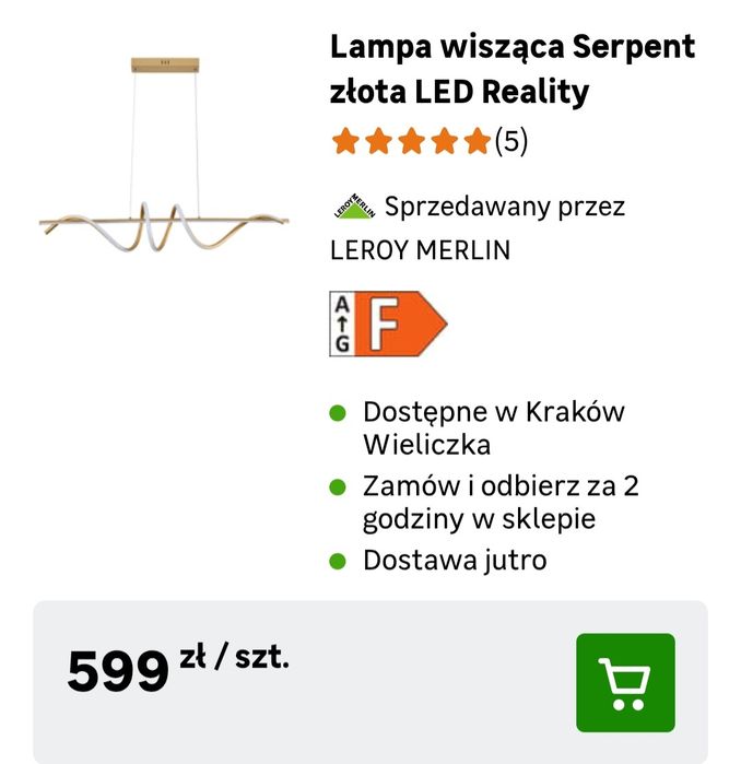 Sprzedam lampę wiszącą Serpent złota LED