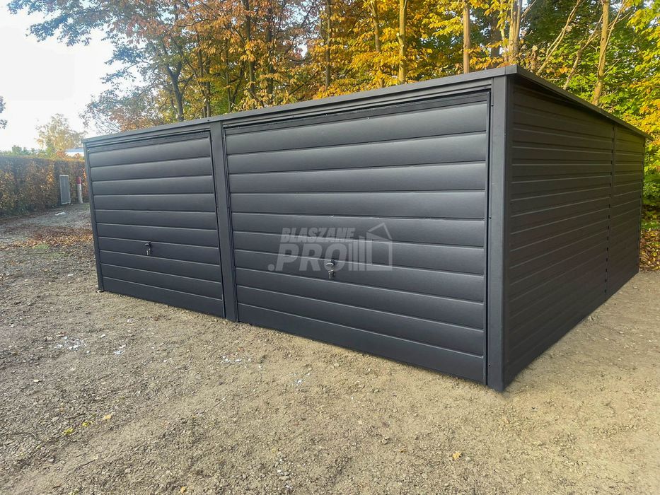 Garaż Blaszany 6x5m - 2x brama uchylna - antracyt  spad w tył GP523