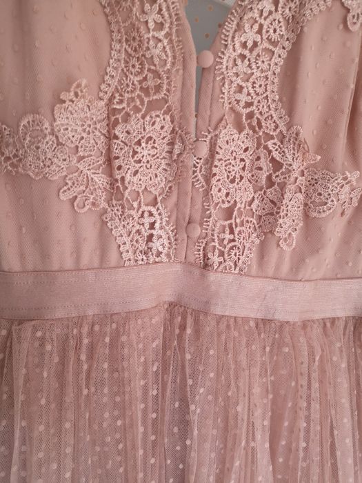 Nowa sukienka wieczorowa, midi, pudrowy róż, M/L, wesele, chrzciny