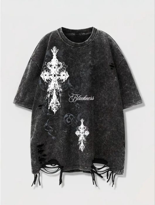 Стильна футболка в стилі Opium / Grunge / Y2K з ефектом кислотного прання та рваними елементами (вінтажна), y2k, 2000х