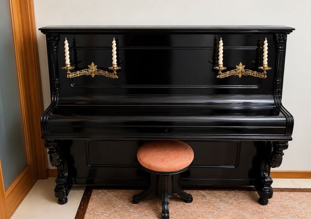 Piano antigo com banco a combinar conjunto.