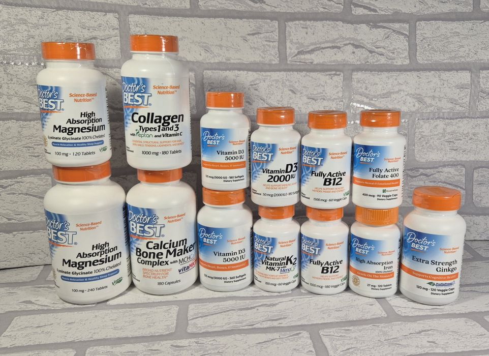 Д3, магній, колаген, залізо, К2, кальций, гінко білоба, цинк, B12