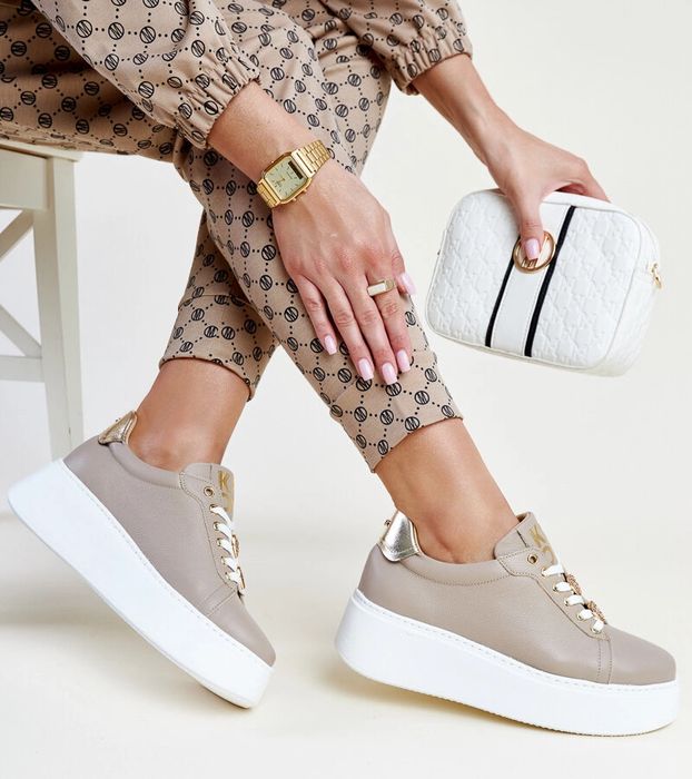 Ciemnobeżowe skórzane sneakersy Karino