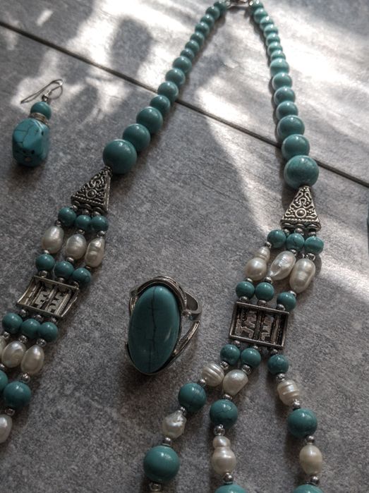 Винтажный набор, ожерелье серьги кольцо цвет бирюза