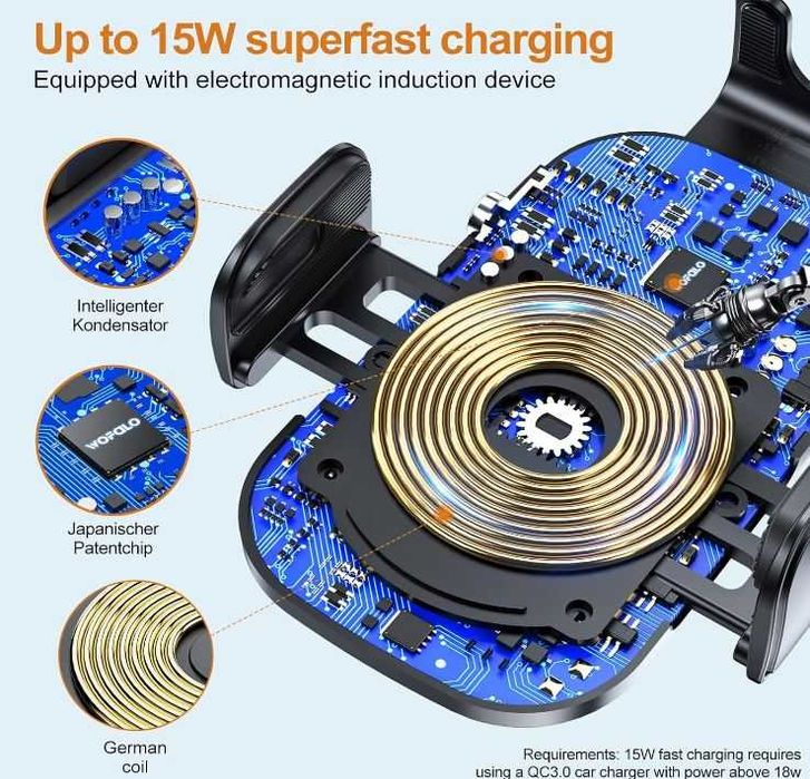 Uchwyt samochodowy z bezprzewodową ładowarką Qi 15 W