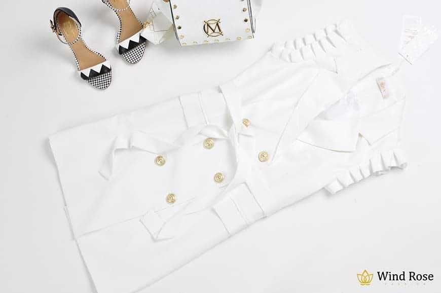 Sukienka / marynarka NOIX biała złote guziki + falbanki r. 36