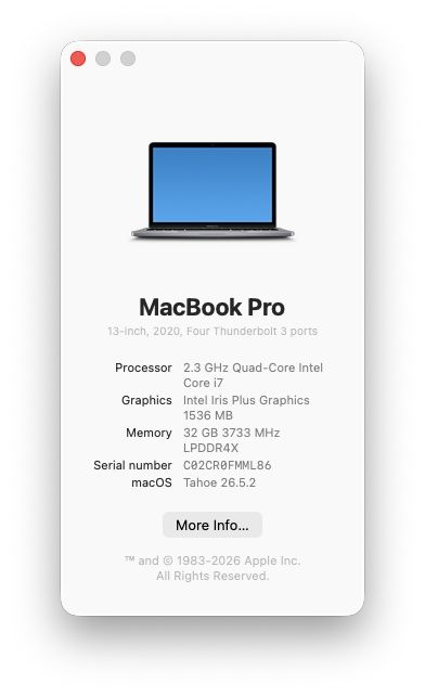 MacBook Pro 13” (2020) | Intel Core i7 | 32 GB RAM | SSD 1 TB | Caixa Original