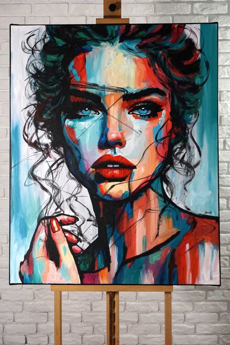 Duży obraz 80x100 ręcznie malowany akryl na płótnie abstrakcja portret