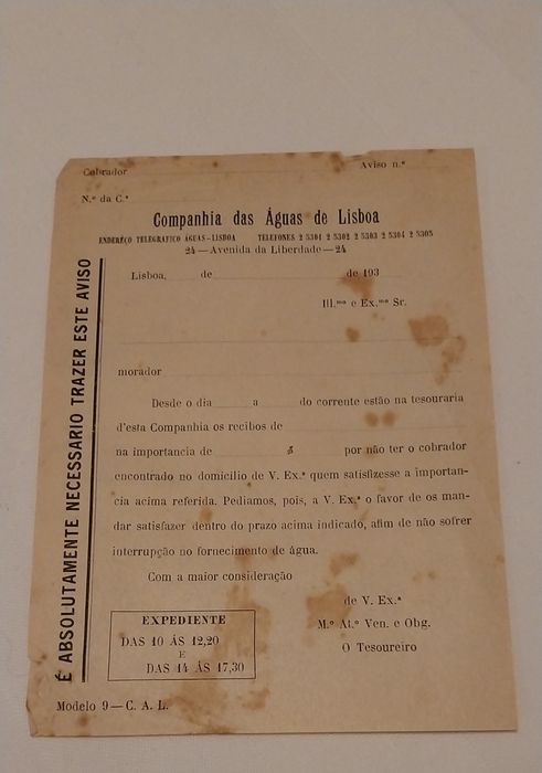 1930, recibo/cobrança da Companhia das Águas de Lisboa, para coleção