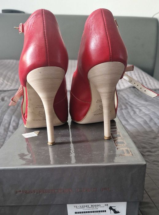 Prima moda, czerwone, seksowne, otwarte skórzane szpilki / eleganckie sandałki na szpilce, rozm. 38